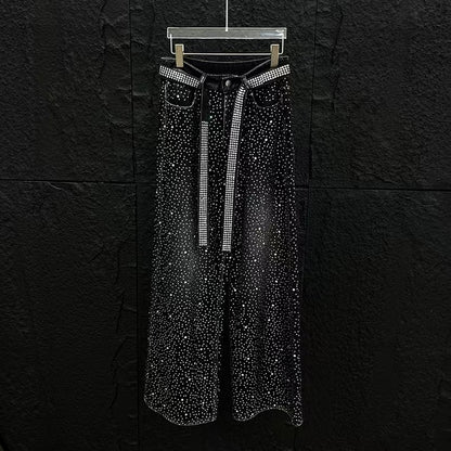 European and American Heavy Industry Starry Sky Rhinestone Vintage Washed Ribbon Jeans for Men, Niche Loose Wide-Leg Trendy Men's Pants