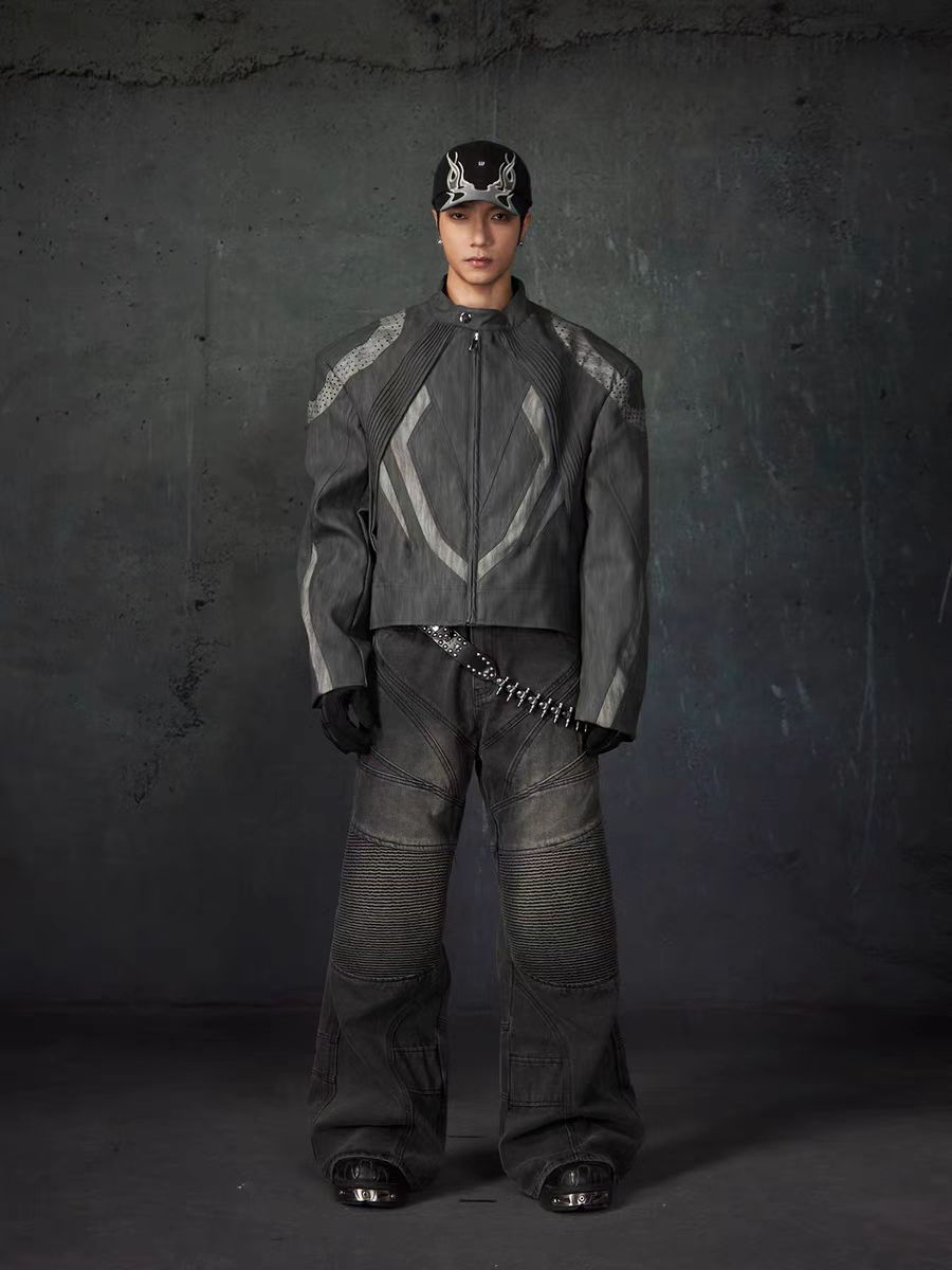 European and American High Street Heavy Craft Personality Deconstructed Split Spliced Design Motorcycle Leather Jacket Stand Collar Windproof Coat