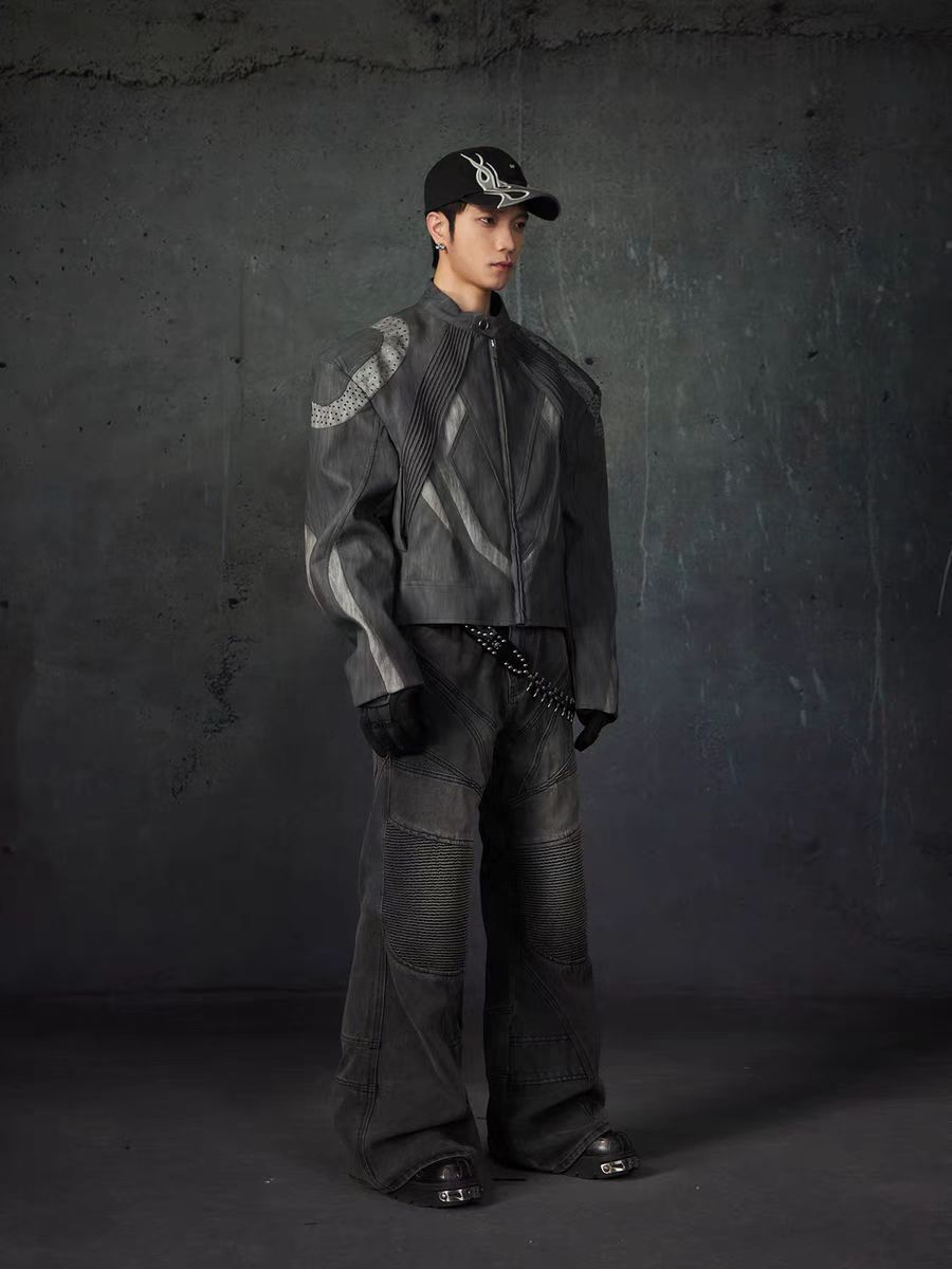 European and American High Street Heavy Craft Personality Deconstructed Split Spliced Design Motorcycle Leather Jacket Stand Collar Windproof Coat