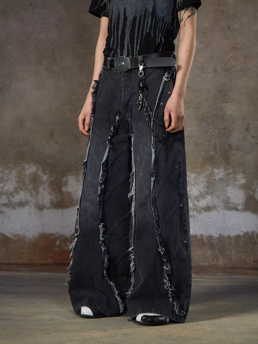 refuge  American Heavy Industry Niche Design Sense Silhouette Jeans High Street Washed Frayed Edge Tassel Rivet Loose Fit