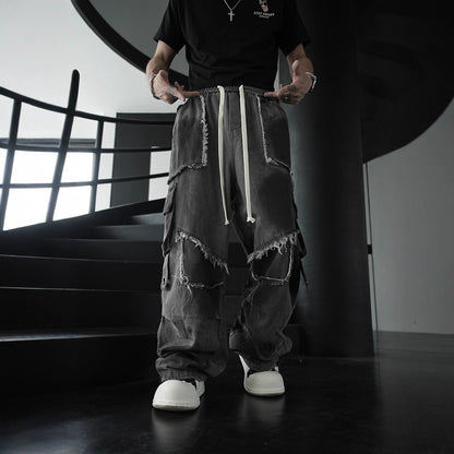 European and American High Street Heavy Wash Vintage Jeans for Men and Women Multi-Pocket Patchwork Frayed Edge Distressed Straight Casual Pants