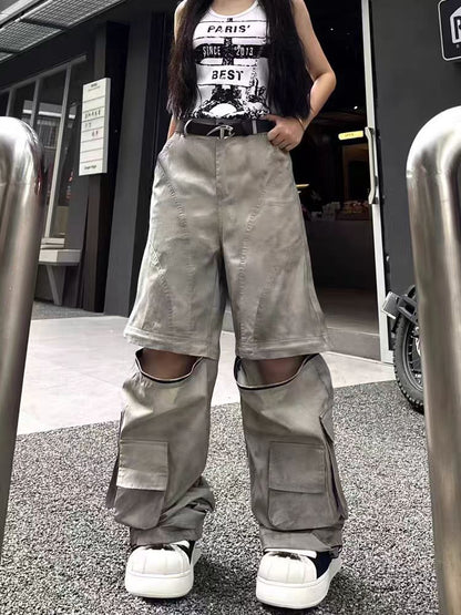 European and American Style Long Design Sense Wasteland Vintage Dirty Dyed Cargo Pants for Men and Women with Detachable Multi-Pocket Zipper Hip-Hop Street Dance