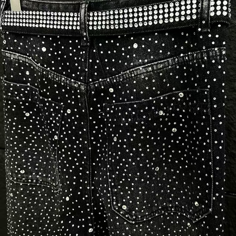 European and American Heavy Industry Starry Sky Rhinestone Vintage Washed Ribbon Jeans for Men, Niche Loose Wide-Leg Trendy Men's Pants