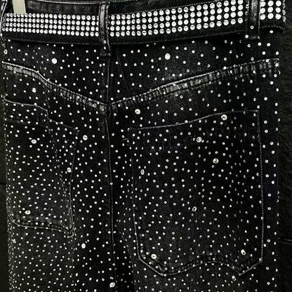 European and American Heavy Industry Starry Sky Rhinestone Vintage Washed Ribbon Jeans for Men, Niche Loose Wide-Leg Trendy Men's Pants