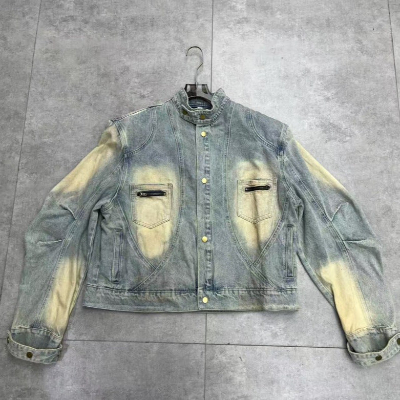 European and American High Street Retro Streetwear vintage Yellow Mud Dyed Denim Jacket for Men ins Fashion Brand American Style Loose Straight Wide
