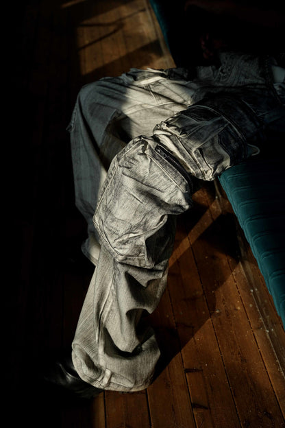 American Style Multi-Pocket Jeans for Men, Niche Retro Blue Wide-Leg Cargo Pants, Couple's European and American Trendy Pants, Cross-Border Trade