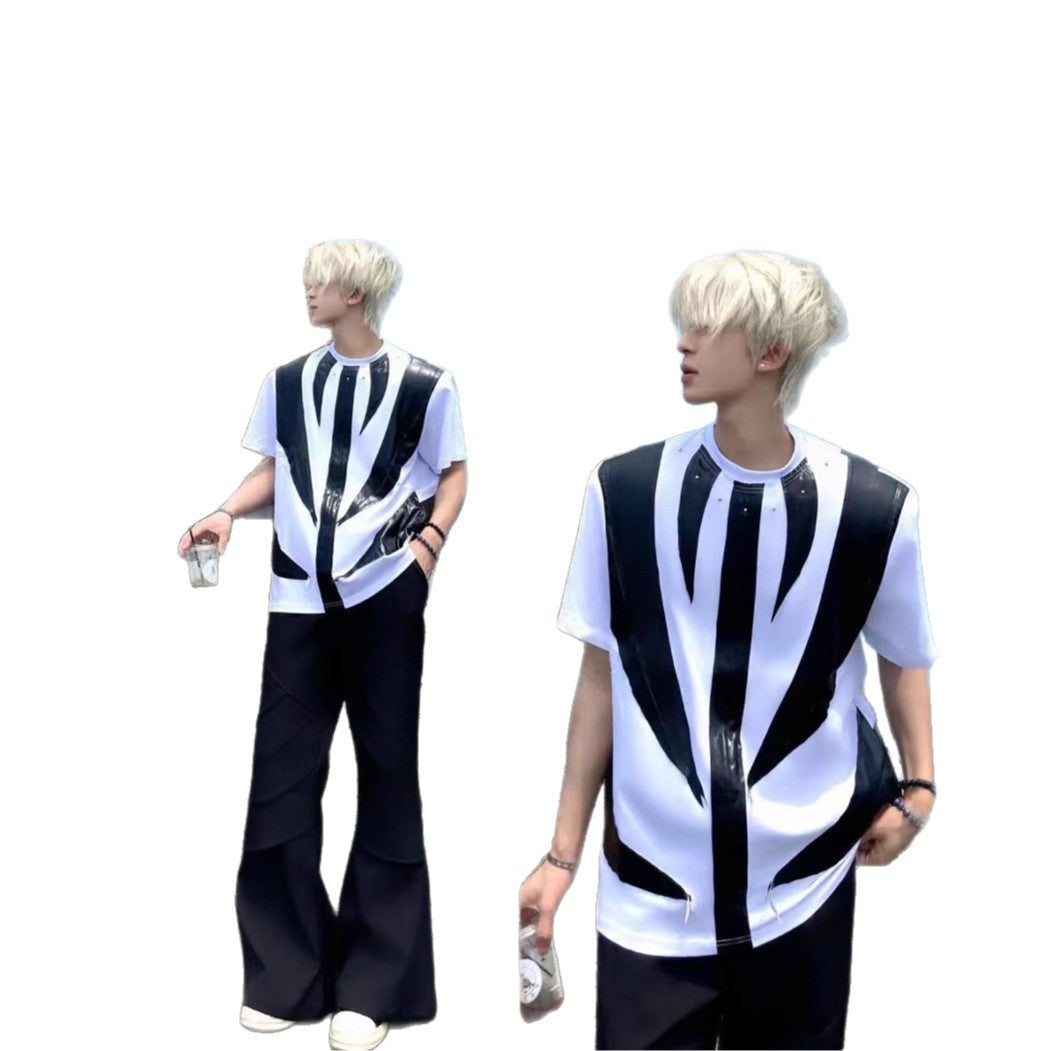 2025Summer New Men's High Street ins Wind Short Sleeve Stylish Color Block Design T T-shirt Breathable