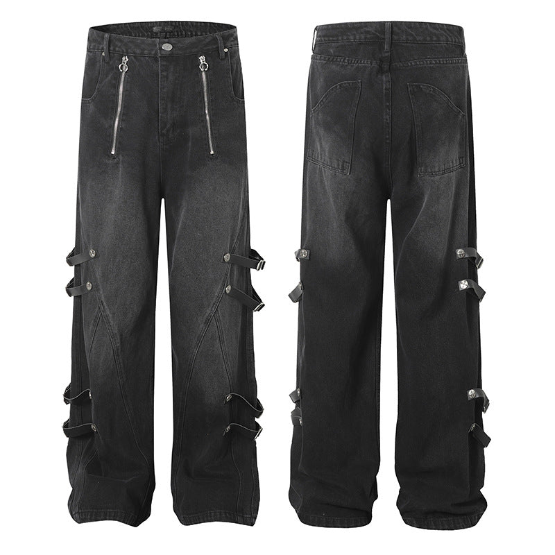 Trendy High Street Loose Retro Straight-Leg Drawstring Cargo Pants Men's Street Style Y2K Zipper Decorated Jeans