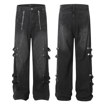 Trendy High Street Loose Retro Straight-Leg Drawstring Cargo Pants Men's Street Style Y2K Zipper Decorated Jeans