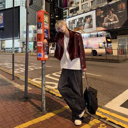 European and American Heavy Industry Angora Red High-End Feel pu Leather Motorcycle Jacket for Men and Women