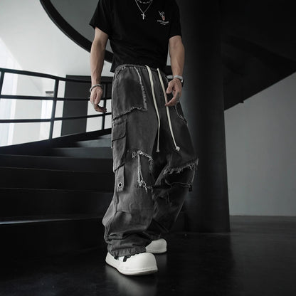 European and American High Street Heavy Wash Vintage Jeans for Men and Women Multi-Pocket Patchwork Frayed Edge Distressed Straight Casual Pants