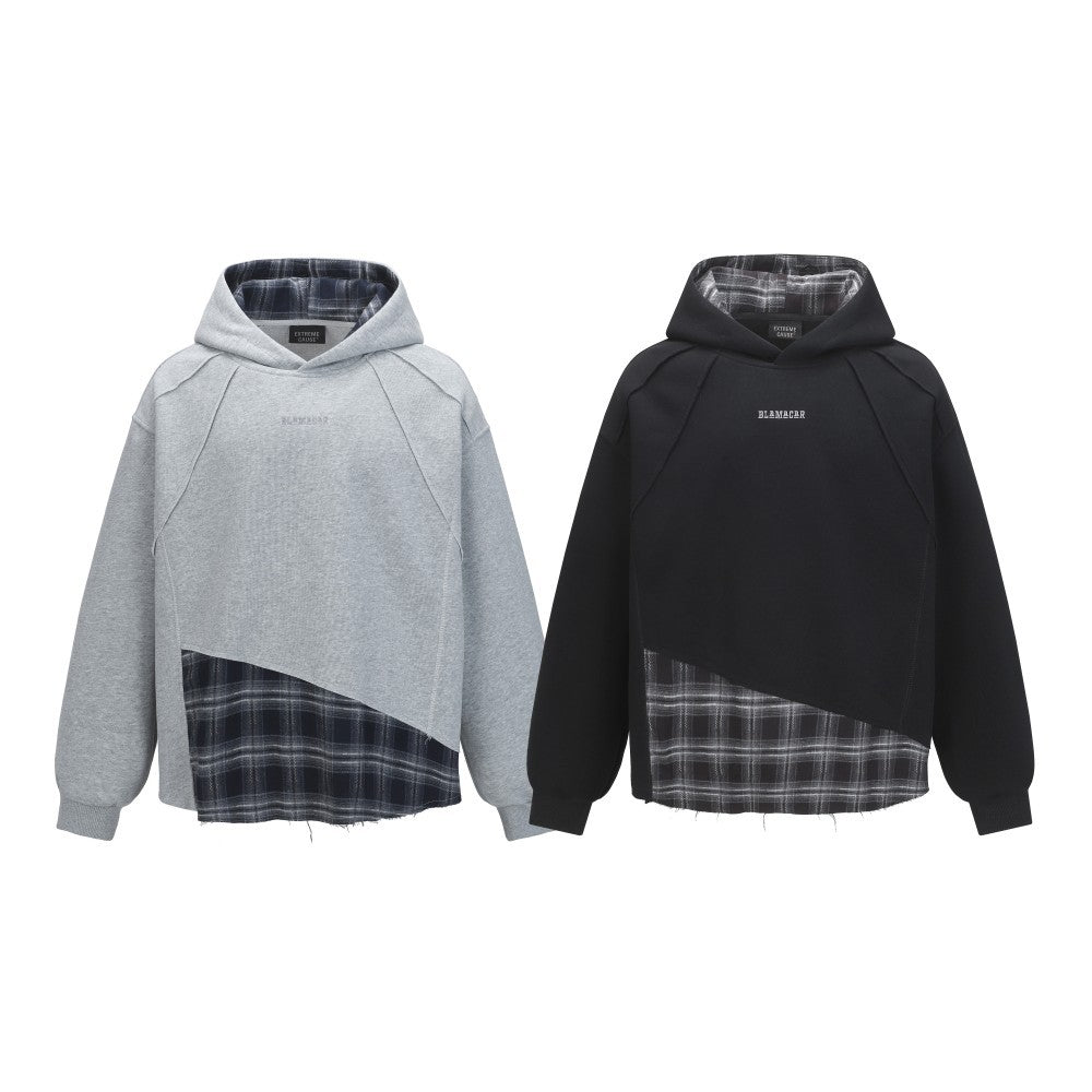 2025New Fake Two-Piece Distressed Plaid Patchwork Hooded Sweatshirt Unisex American Style Niche Loose Hoodie Trendy