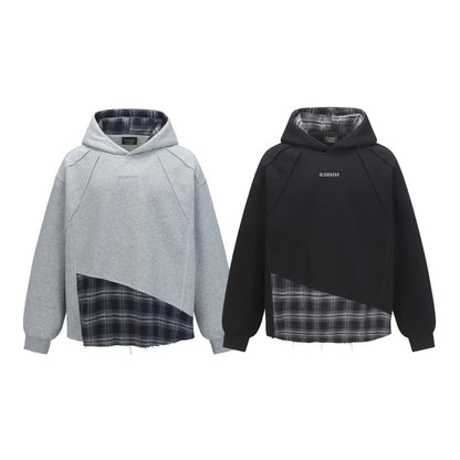 2025New Fake Two-Piece Distressed Plaid Patchwork Hooded Sweatshirt Unisex American Style Niche Loose Hoodie Trendy