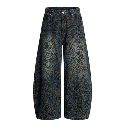Fashion Brand2025Autumn New European and American High Street Leopard Print Scimitar Jeans RO Trendy Wide-Leg Pants
