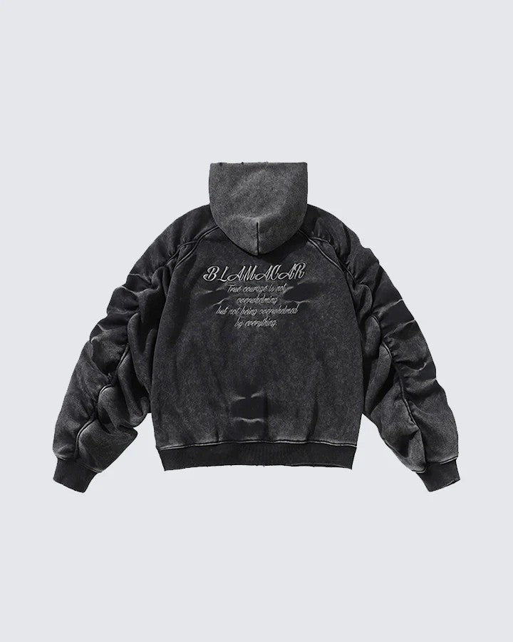 American High Street Vintage Washed Wrinkled Sleeve Hooded Fleece Men's Niche Embroidered Jacket Trendy