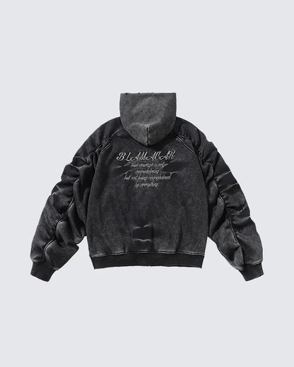 American High Street Vintage Washed Wrinkled Sleeve Hooded Fleece Men's Niche Embroidered Jacket Trendy