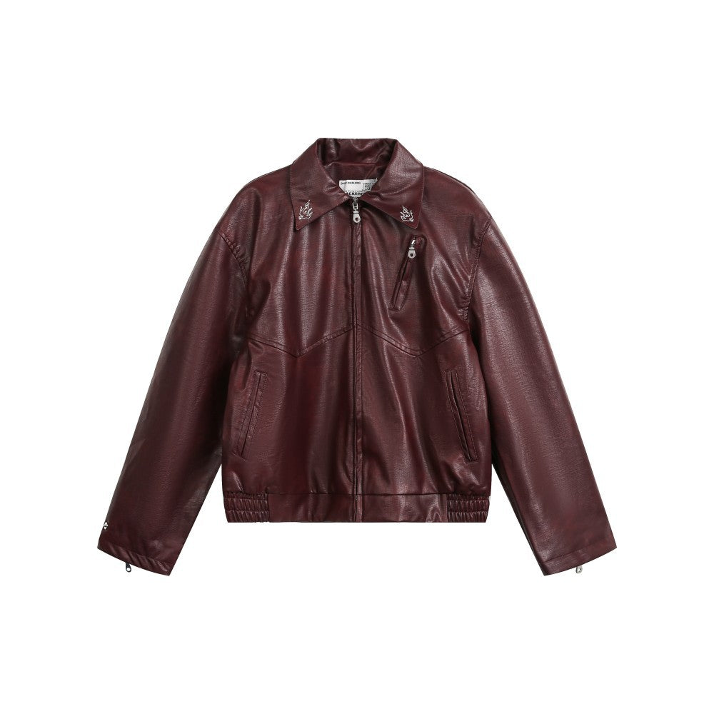 European and American Heavy Embroidery Lapel Loose Short Zipper Leather Jacket Coat
