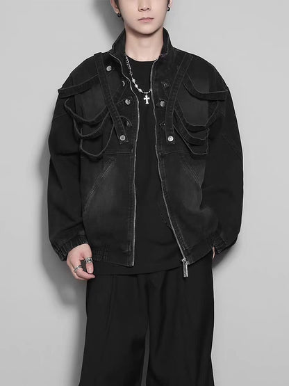 American Original Dark Style Retro Washed Padded Shoulder Distressed Denim Jacket for Men Spring and Autumn Workwear Stand Collar Jacket