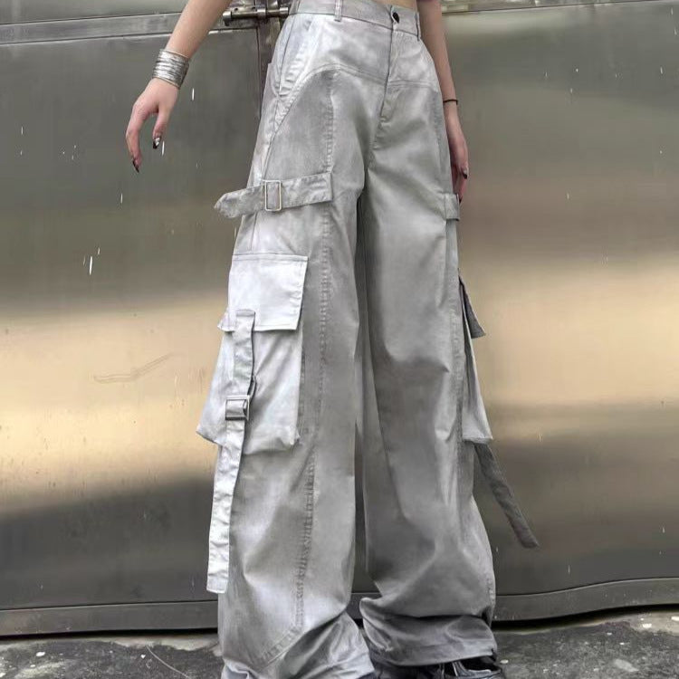 American Style Dirty Gray Wide-Leg Cargo Pants for Men and Women with Ribbon Jazz Hip-Hop High Street hiphop Straight-leg pants