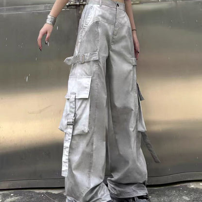 American Style Dirty Gray Wide-Leg Cargo Pants for Men and Women with Ribbon Jazz Hip-Hop High Street hiphop Straight-leg pants