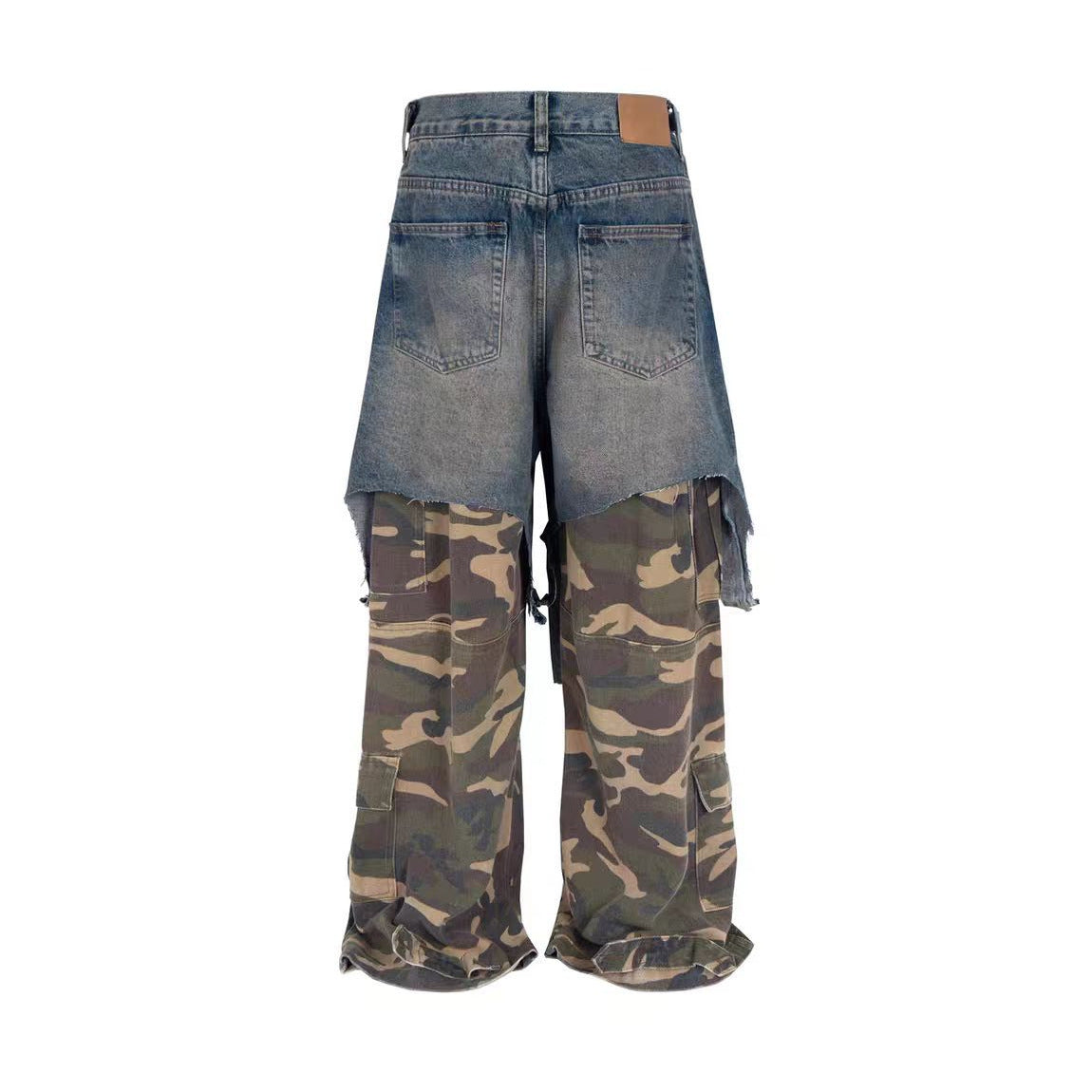 Parisian style vibe Heavyweight Patchwork Fake Two-Piece Vintage Camouflage Functional Loose Cargo Trendy Hip-Hop Jeans