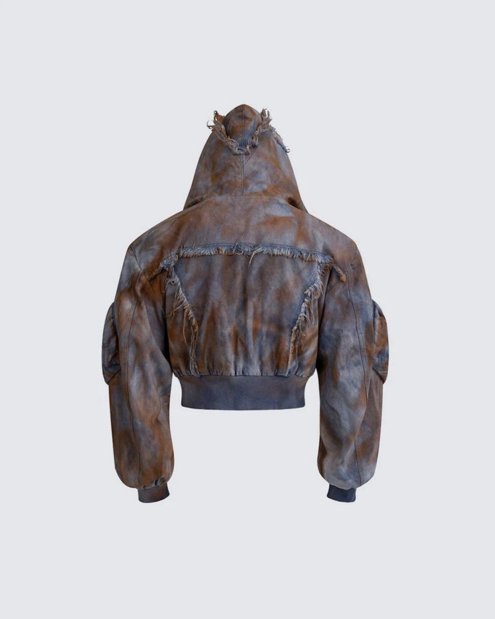 Desert-style short hooded denim jacket for men, distressed mud-dyed fake two-piece with broken structure frayed jeans