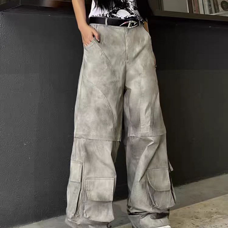 European and American Style Long Design Sense Wasteland Vintage Dirty Dyed Cargo Pants for Men and Women with Detachable Multi-Pocket Zipper Hip-Hop Street Dance