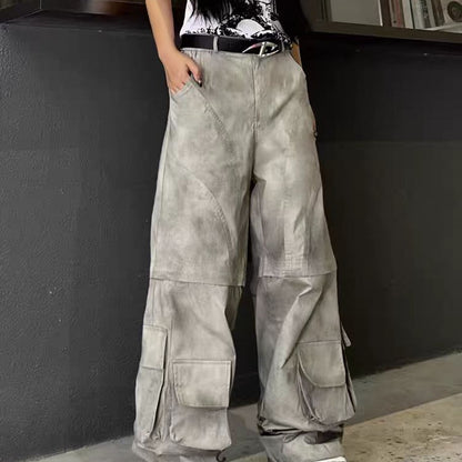 European and American Style Long Design Sense Wasteland Vintage Dirty Dyed Cargo Pants for Men and Women with Detachable Multi-Pocket Zipper Hip-Hop Street Dance