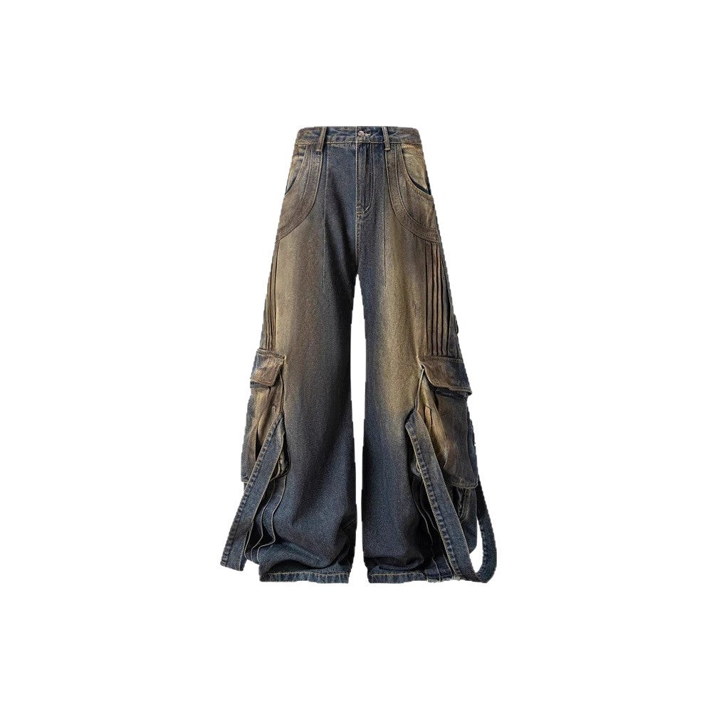European and American Heavy Washed Multi-Pocket Jeans for Men Street Retro Loose Vintage Design Wide-Leg Floor-Length Pants