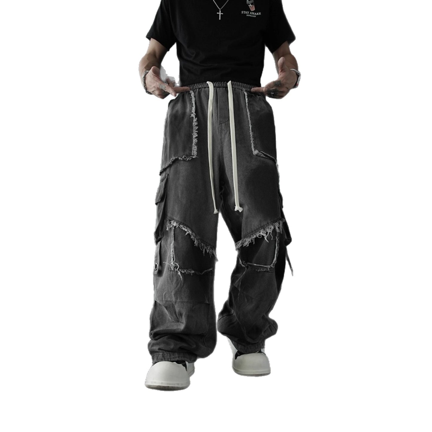 European and American High Street Heavy Wash Vintage Jeans for Men and Women Multi-Pocket Patchwork Frayed Edge Distressed Straight Casual Pants