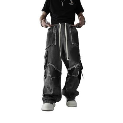 European and American High Street Heavy Wash Vintage Jeans for Men and Women Multi-Pocket Patchwork Frayed Edge Distressed Straight Casual Pants