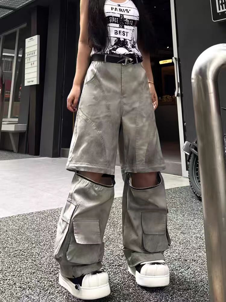 European and American Style Long Design Sense Wasteland Vintage Dirty Dyed Cargo Pants for Men and Women with Detachable Multi-Pocket Zipper Hip-Hop Street Dance