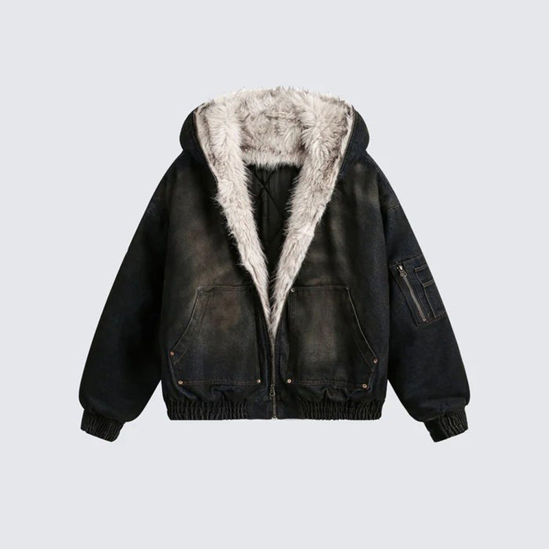 GUO WEAR2024New Winter Washed Denim Cotton Jacket with Fleece Lining American Street Style Wasteland Cotton Jacket