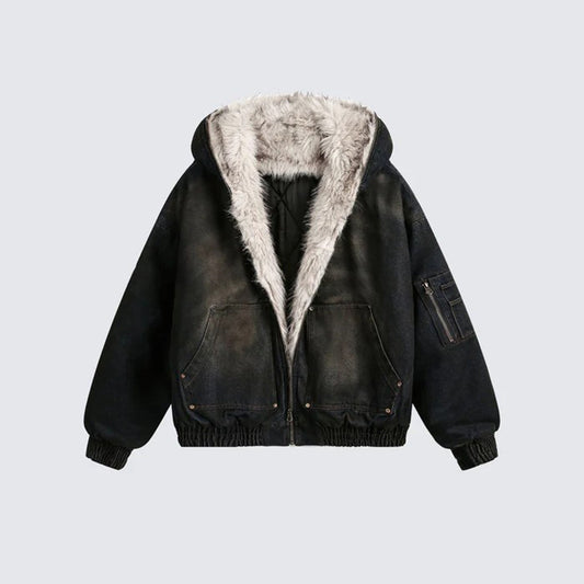 GUO WEAR2024New Winter Washed Denim Cotton Jacket with Fleece Lining American Street Style Wasteland Cotton Jacket