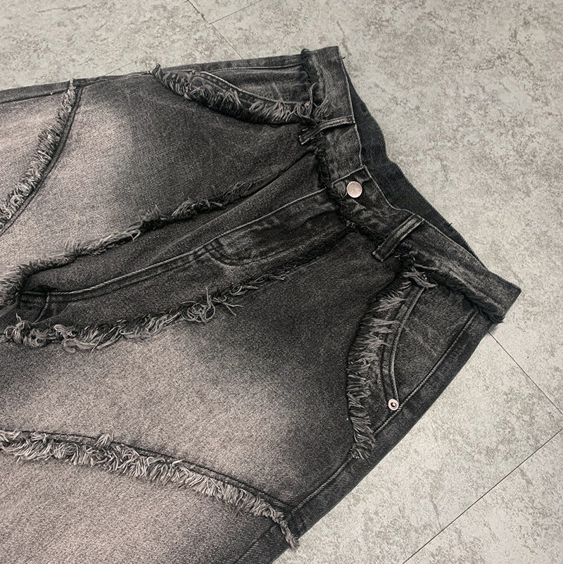 Street Fashion Retro Jeans with Distressed Edges, Straight-Leg Unisex Jeans, Stylish and Slimming