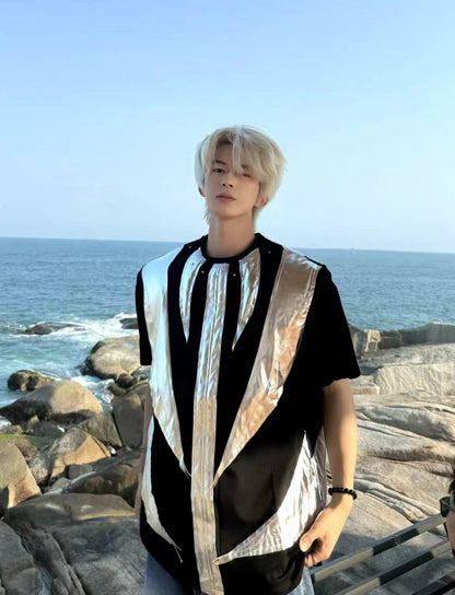 2025Summer New Men's High Street ins Wind Short Sleeve Stylish Color Block Design T T-shirt Breathable