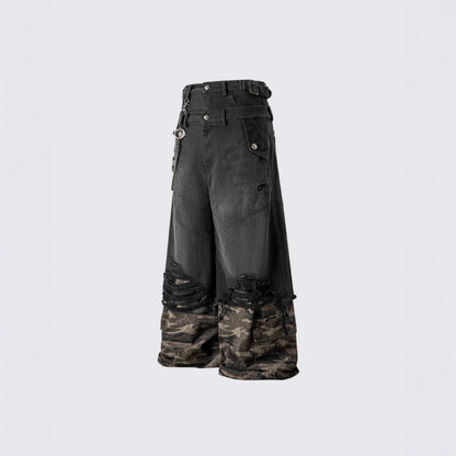 2025American High Street RO Heavyweight Washed Camouflage Embroidered Jeans Fake Two-Piece Wide-Leg Pants