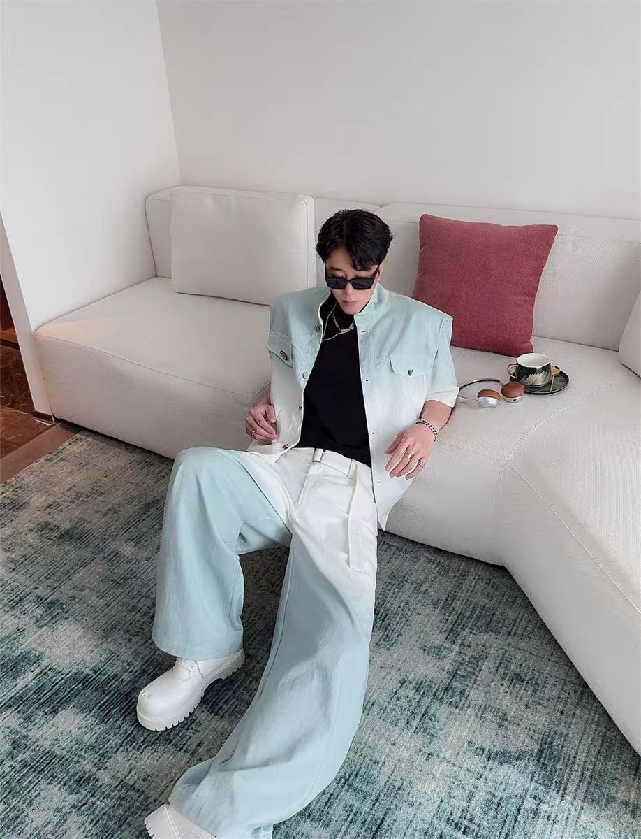 Gradient Short Sleeve Denim Suit for Men2025Summer Loose Casual Scimitar Wide-Leg Pants Jacket Set