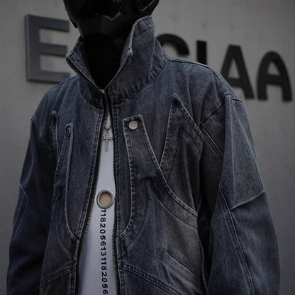 American Retro Niche Stand Collar Ink Splash Zipper Jacket Men High Street Deconstructed Design Loose Cool Denim Jacket