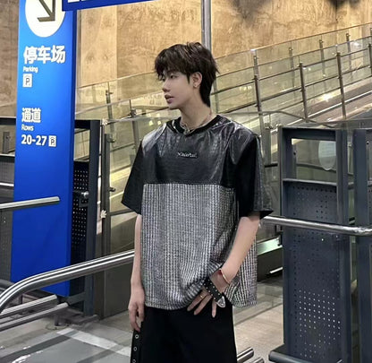 Unique Design Crocodile Pattern Leather Mesh Patchwork Short Sleeve High-end Metal Wide Shoulder Pads T Shirt