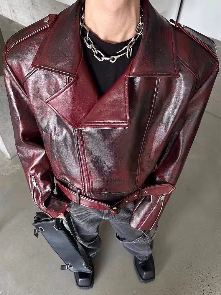 European and American Heavy Industry Angora Red High-End Feel pu Leather Motorcycle Jacket for Men and Women