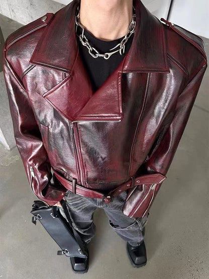 European and American Heavy Industry Angora Red High-End Feel pu Leather Motorcycle Jacket for Men and Women