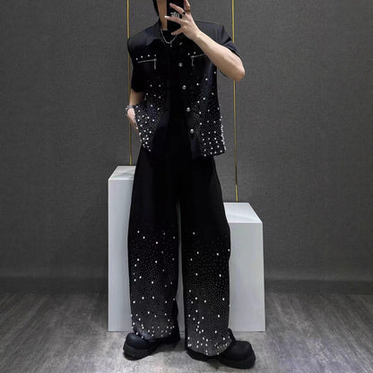 Heavy Industry Niche Rhinestone Metal Black Short Sleeve Jacket Summer New Style Cool Coat Wide Leg Pants Two-Piece Set
