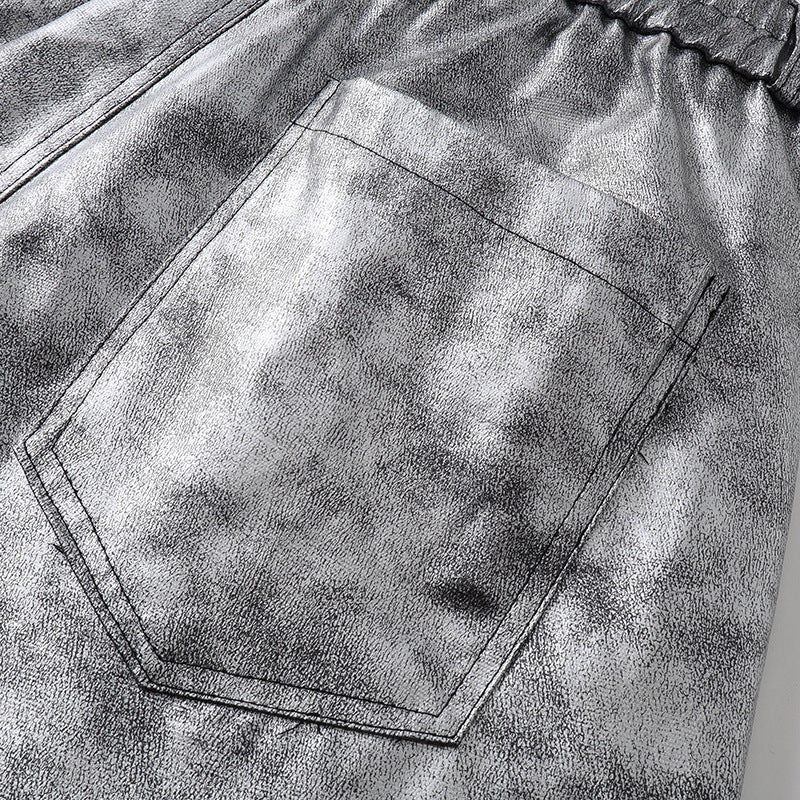 Personality Trend Retro silver Men's High Street Loose Metal Texture Straight Long Pants Workwear Durable Urban Fashion