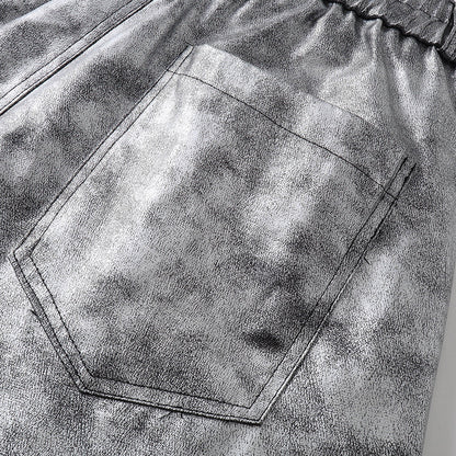 Personality Trend Retro silver Men's High Street Loose Metal Texture Straight Long Pants Workwear Durable Urban Fashion