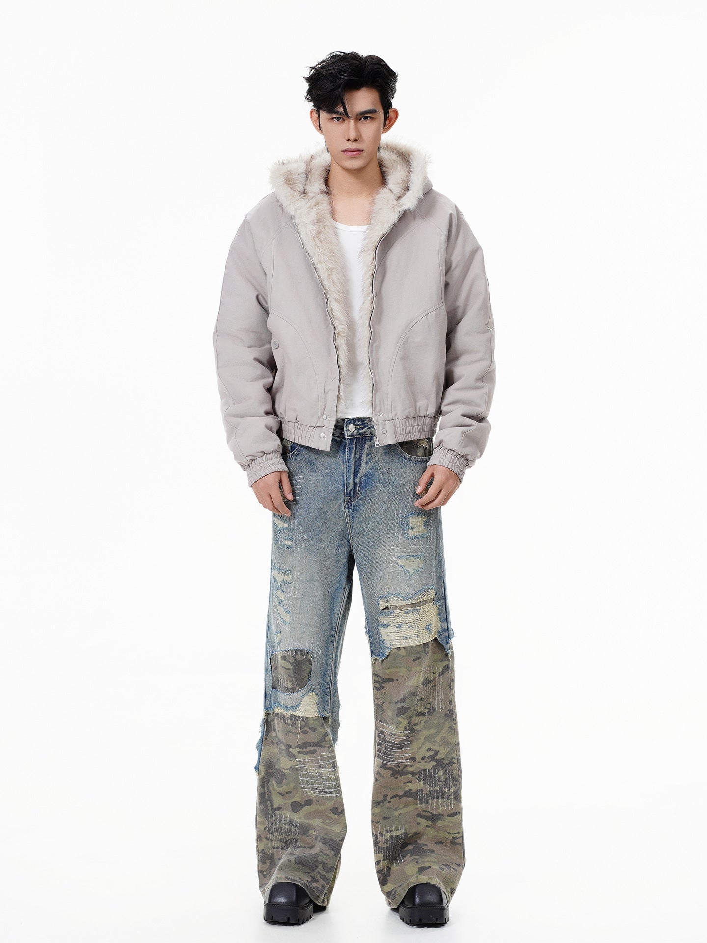 GUOWEAR Pearl Canvas Mountain Eagle Fleece-Lined Jacket American Street Wasteland Style Cotton Coat Men's Fleece-Lined Thickened Jacket