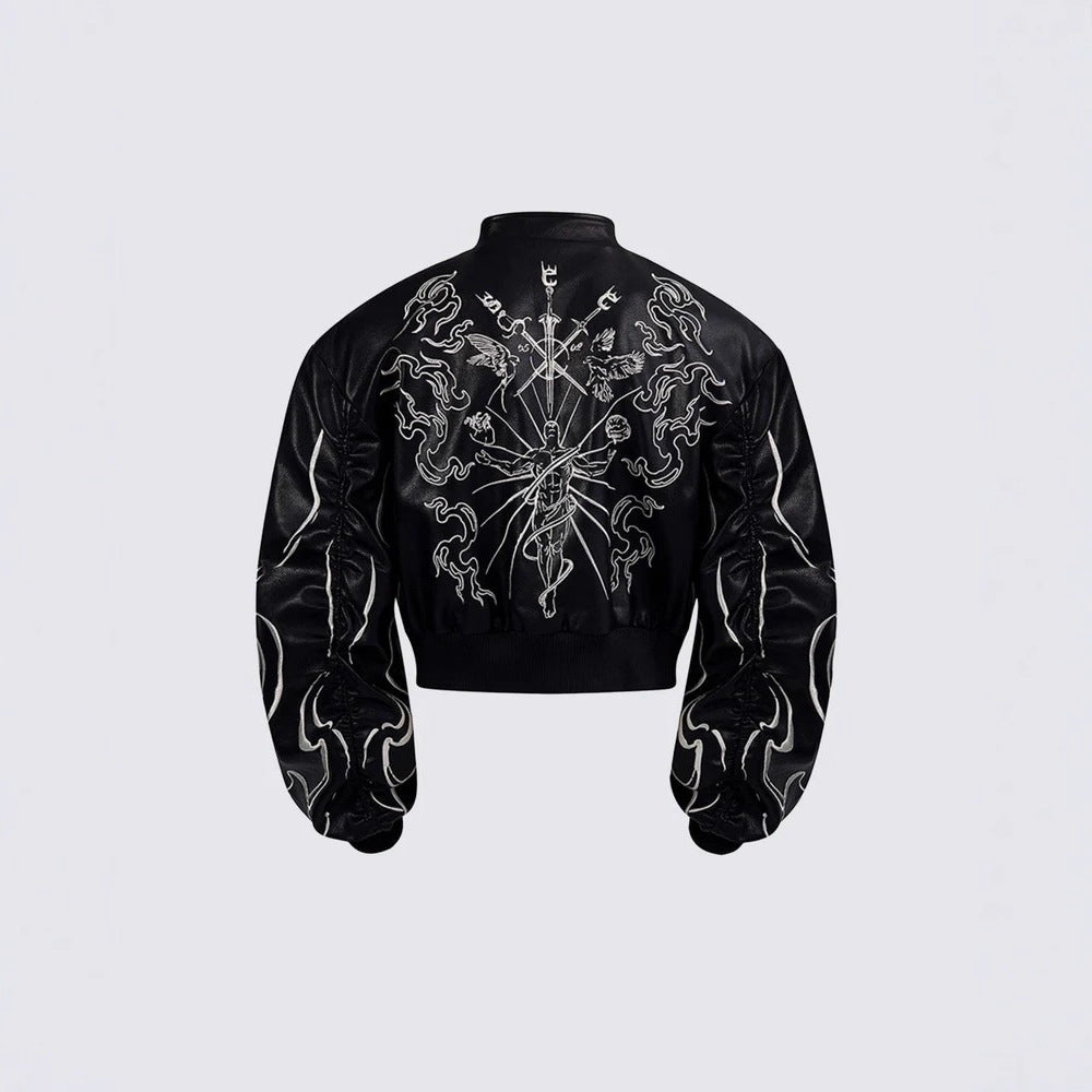 Gothic Style Embroidered Short Leather Jacket for Men and Women, Autumn Stand Collar Motorcycle Short Sleeve Jacket