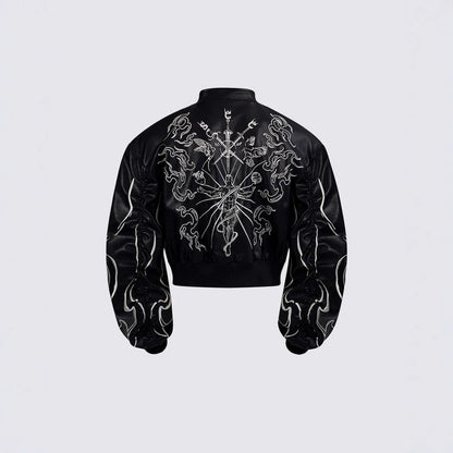 Gothic Style Embroidered Short Leather Jacket for Men and Women, Autumn Stand Collar Motorcycle Short Sleeve Jacket