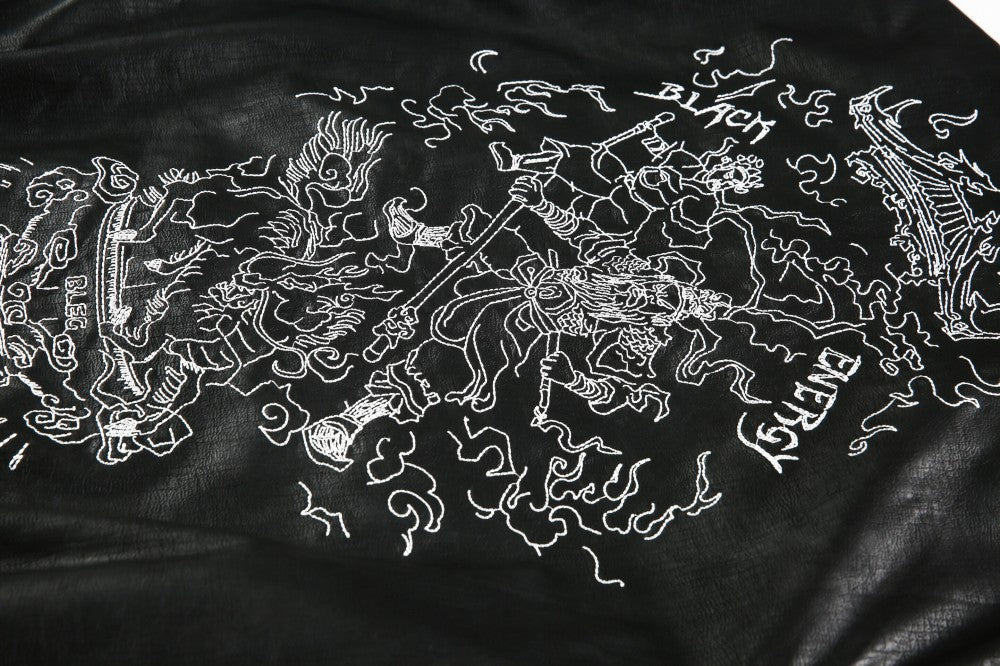 European and American Heavy Embroidery Lapel Loose Short Zipper Leather Jacket Coat