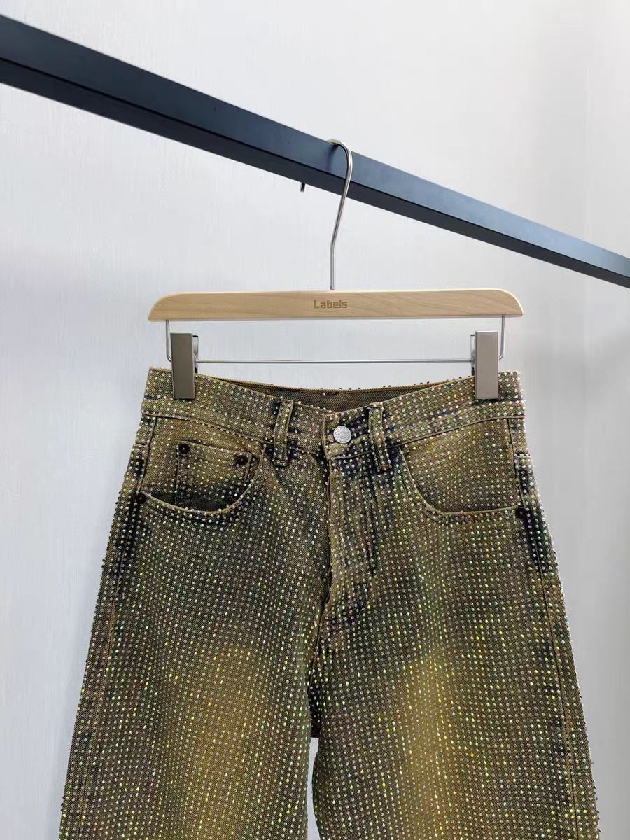 Summer New Crystal Shiny Diamond Straight-Leg Pants Extra Long Denim Floor-Length Pants Shiny Diamond Long Pants New High-Waisted Slimming Style